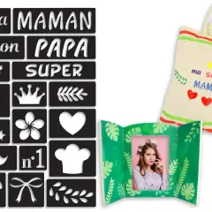Ensemble de pochoirs pour personnaliser un sac et un cadre photo. Idéal pour apprendre comment utiliser un pochoir et créer un cadeau unique pour "ma SUPER MAMAN".