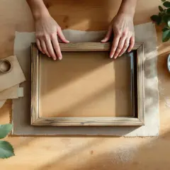 Mains tenant un cadre en bois de palette, prêt à fabriquer un nouveau souvenir.