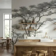 Cuisine épurée avec une **aquarelle sur bois** d'arbres stylisés ornant le mur. Meubles en bois clair, îlot central et vaisselle en céramique.