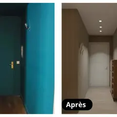 Avant/Après : un couloir étroit transformé. Le mur bleu vif laisse place à des tons neutres et apaisants, avec un éclairage moderne.