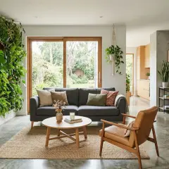Salon moderne avec mur végétal luxuriant, canapé gris, fauteuil en cuir et **peinture effet taloche** sur le mur du fond.