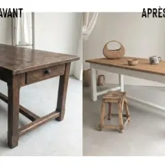 Avant/Après : une table rustique patinée par le temps transformée en une pièce lumineuse, une belle décoration sur bois.