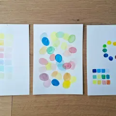 Trois feuilles présentent des études de couleurs à l'aquarelle, explorant comment disposer les couleurs de peinture dans une pièce.
