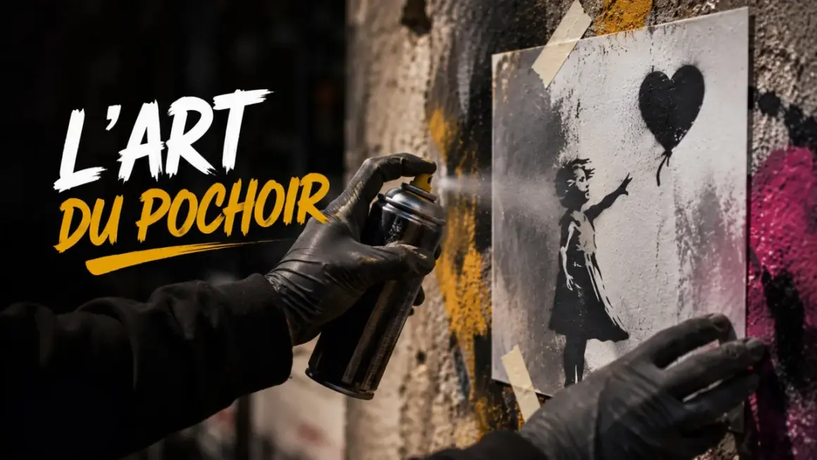 Main d'un artiste utilisant un pochoir lettre pour créer une œuvre de rue. Le pochoir représente une petite fille lâchant un ballon en forme de cœur.