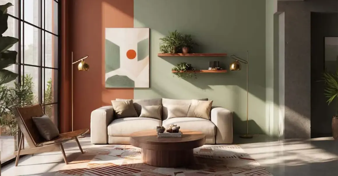 Salon moderne avec un mur bicolore, l'un en **couleur terracotta**, l'autre vert sauge. Un canapé clair, un fauteuil en cuir, une table basse en bois et des plantes créent une ambiance chaleureuse.